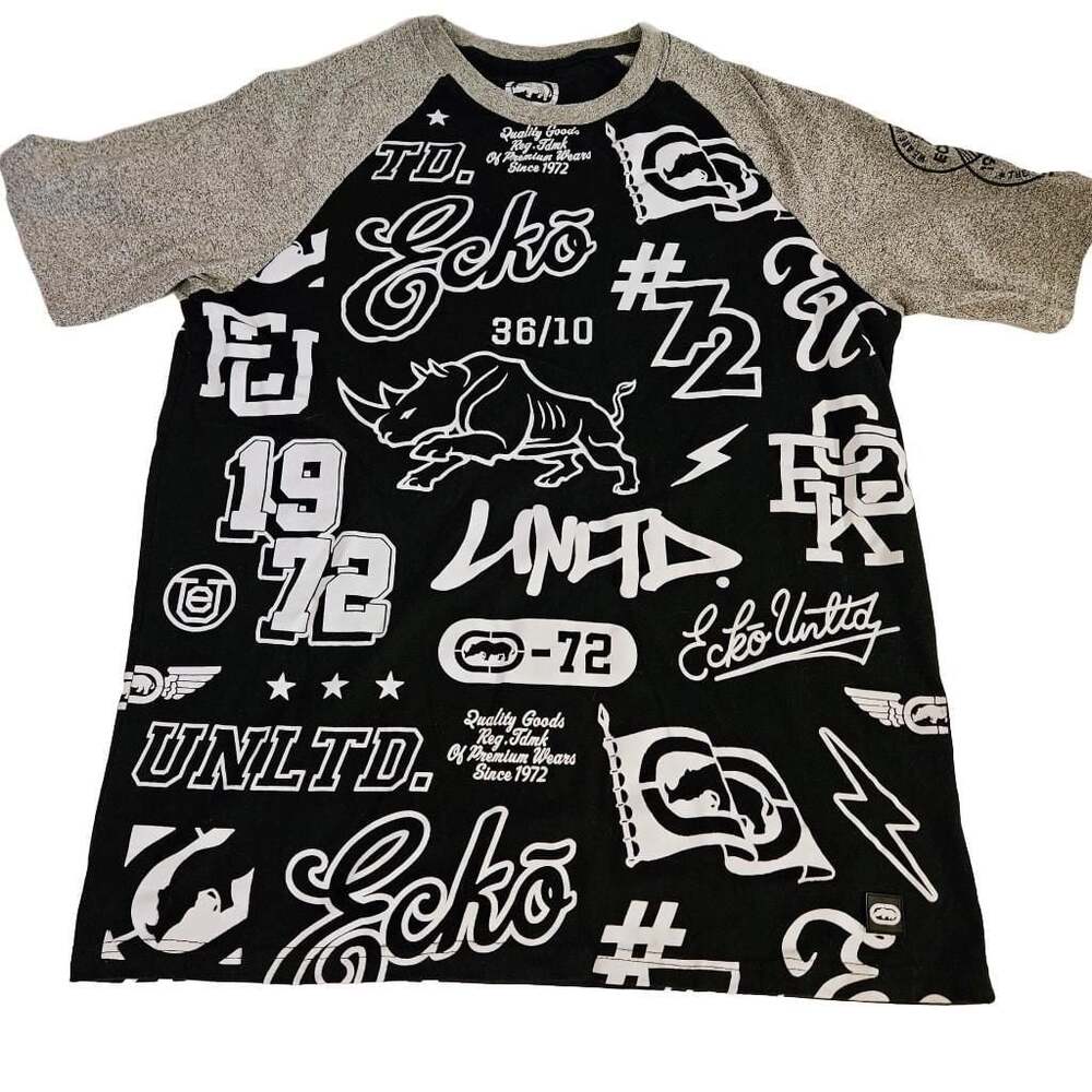 Ecko Unltd Mens Large All Over Print T Shirt Black Gray Y2K Hip Hop Streetwear